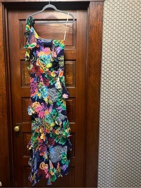 FARM Rio Navy One-Shoulder Ruffle Maxi Dress with Multicolor Floral Print